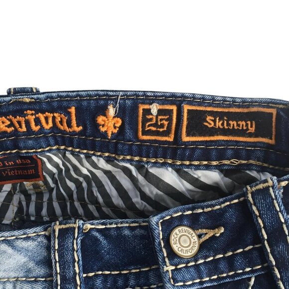 Rock Revival Jeans Womens 25 Alaina Blue  Skinny Distressed Embroidered Pockets - Picture 10 of 16